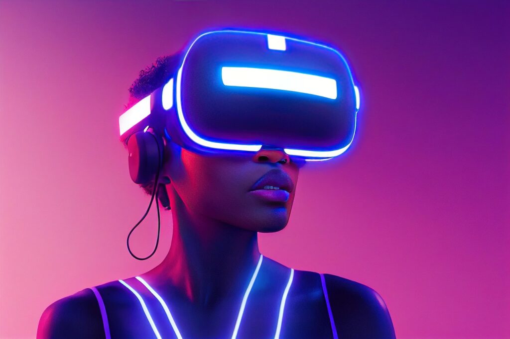 xr, mr, mixed reality, virtual reality, augmented reality, african american, female, woman, lady, girl, black, america, pink, metaverse, purple, blue, neon, lighting