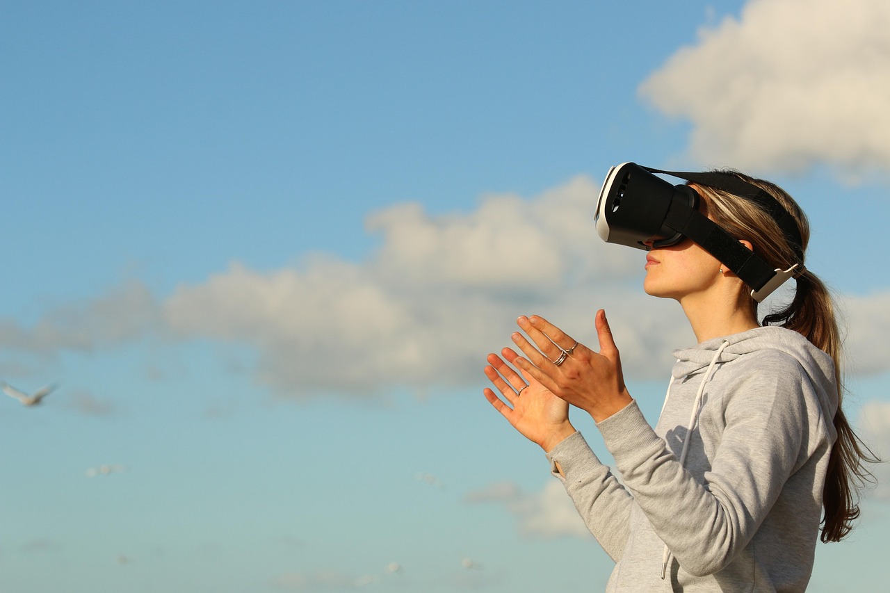 woman, virtual reality, game, clouds, ar, augmented reality, female, girl, nature, outdoors, person, metaverse, side view, sky, open arms