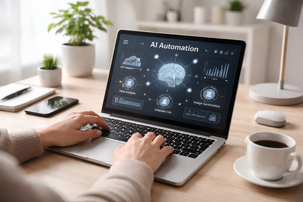 artificial intelligence, automation, machine learning, laptop, workspace, modern design, remote work, desk, productivity, nature, digital workflow, neutral tones, natural lighting, professional, home office, coffee cup, plant, creative workspace, teamwork, office plant