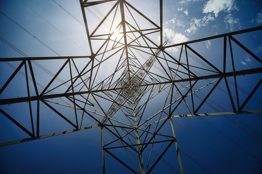 pylon, nature, electricity, sun, power, grid, infrastructure, industrial, landscape, sky, cloudscape, perspective, height, scale